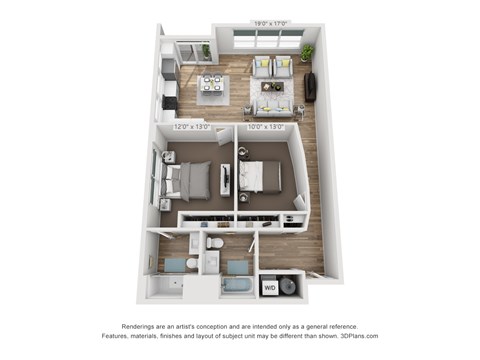 A 3D floor plan of a small apartment with a kitchen, living room, and two bedrooms.
